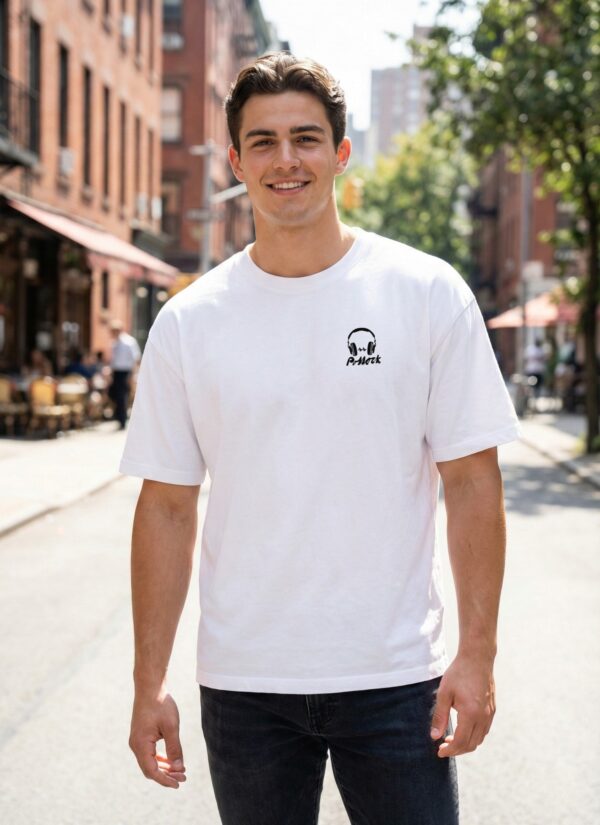 7 Mens White Oversized Graphic T-Shirt | Premium Loopknit Cotton 240 GSM Streetwear Tee with Headphone Back Print