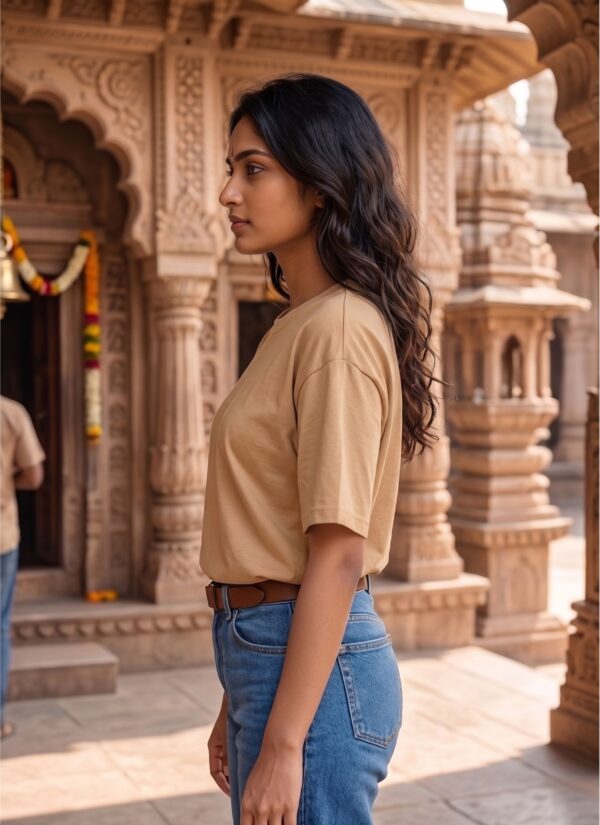Mahakal Divine Graphic Oversized Beige T-Shirt for Men & Women | Spiritual Lord Shiva Back Print | Premium 240 GSM Loopknit Cotton | Unisex Streetwear Devotional Design | Front Sanskrit Typography & Detailed Back Artwork