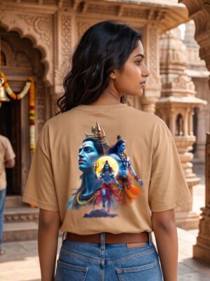 Mahakal Divine Graphic Oversized Beige T-Shirt for Men & Women | Spiritual Lord Shiva Back Print | Premium 240 GSM Loopknit Cotton | Unisex Streetwear Devotional Design | Front Sanskrit Typography & Detailed Back Artwork