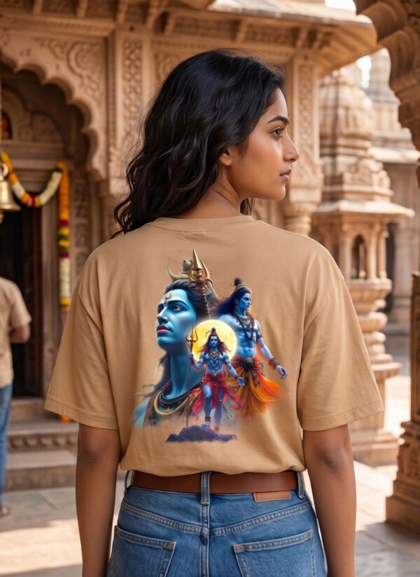 Mahakal Divine Graphic Oversized Beige T-Shirt for Men & Women | Spiritual Lord Shiva Back Print | Premium 240 GSM Loopknit Cotton | Unisex Streetwear Devotional Design | Front Sanskrit Typography & Detailed Back Artwork