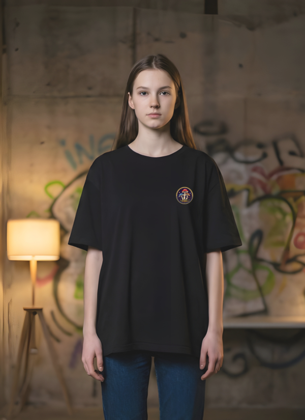 Womens Oversized Black T-Shirt | Magical Mushroom Forest Graphic Print | Loopknit 240 GSM Premium Heavy Fabric | Aesthetic Streetwear Oversized Tee for Women