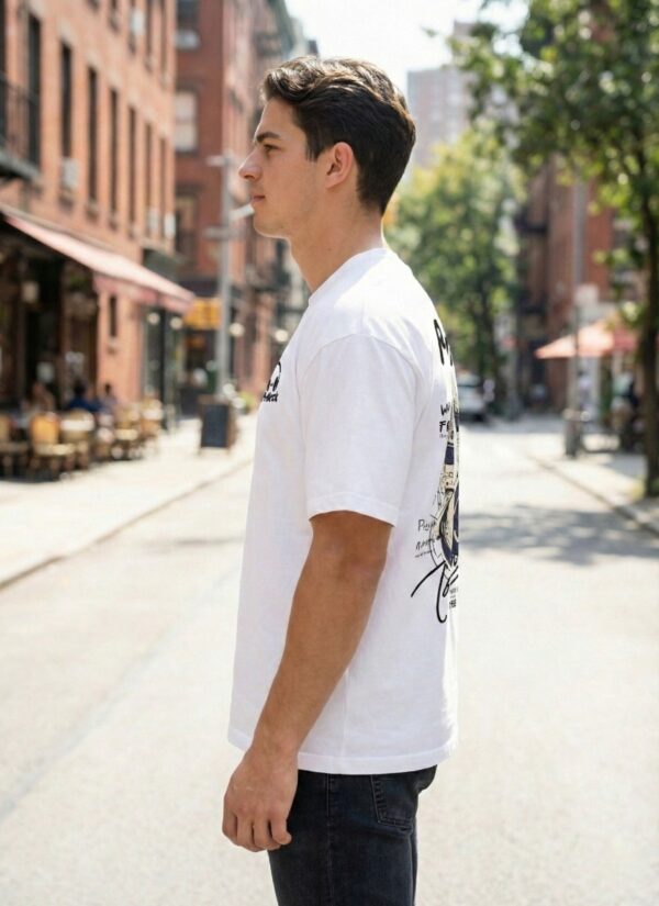 9 Mens White Oversized Graphic T-Shirt | Premium Loopknit Cotton 240 GSM Streetwear Tee with Headphone Back Print