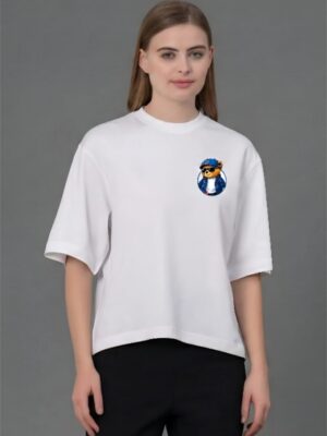 Oversized T-Shirt for Women | Bear Graphic Back Print White Tee | Loopknit 240 GSM Premium Cotton | Streetwear Oversize T Shirt
