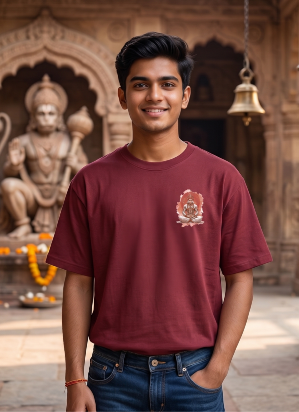 Unisex Oversized Meditating Hanuman Graphic T-Shirt Spiritual Calm Design, Maroon Cotton Tee
