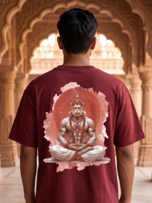 BLT_sjCx_DE1MQN9PJO_2026-05-08_2.png Unisex Oversized Meditating Hanuman Graphic T-Shirt Spiritual Calm Design, Maroon Cotton Tee