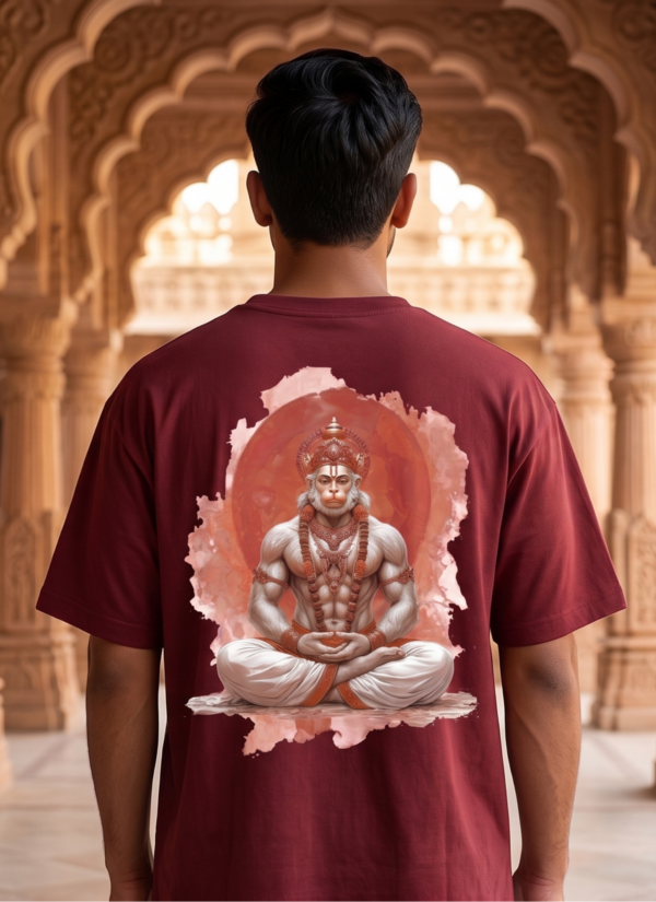 Unisex Oversized Meditating Hanuman Graphic T-Shirt Spiritual Calm Design, Maroon Cotton Tee