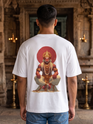 Unisex Oversized Hanuman Graphic Printed T-Shirt for Men & Women | Spiritual Devotional Back Print Oversized Tee | White Half Sleeve Loose Fit Streetwear T-Shirt | Loopknit 240 GSM Premium Cotton Casual Wear
