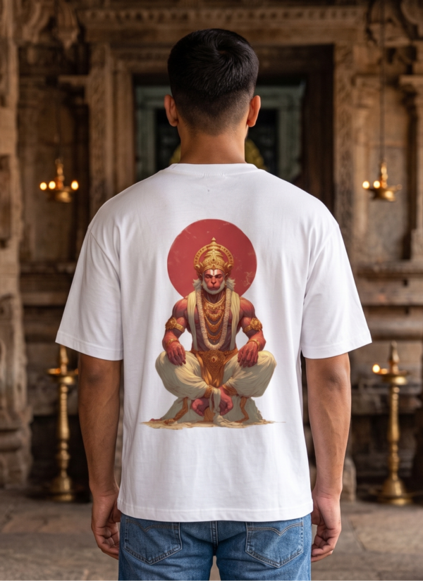 Unisex Oversized Hanuman Graphic Printed T-Shirt for Men & Women | Spiritual Devotional Back Print Oversized Tee | White Half Sleeve Loose Fit Streetwear T-Shirt | Loopknit 240 GSM Premium Cotton Casual Wear
