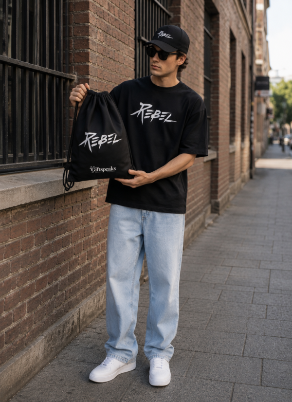 Rebel Graphic Oversized T-Shirt, Cap & Drawstring Bag Combo for Men | Streetwear Statement Set | Loopknit 240 GSM Cotton Tee + Adjustable Cap + Premium Carry Bag
