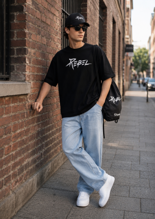 Rebel Graphic Oversized T-Shirt, Cap & Drawstring Bag Combo for Men | Streetwear Statement Set | Loopknit 240 GSM Cotton Tee + Adjustable Cap + Premium Carry Bag