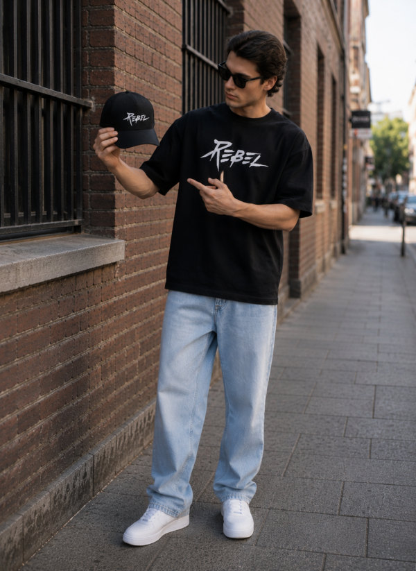 Rebel Graphic Oversized T-Shirt, Cap & Drawstring Bag Combo for Men | Streetwear Statement Set | Loopknit 240 GSM Cotton Tee + Adjustable Cap + Premium Carry Bag