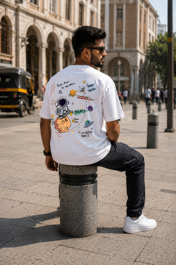ChatGPT Image Aug 1, 2026, 02_59_26 PM Space Explorer Oversized Mens T-Shirt | Astronaut Galaxy Back Print | White