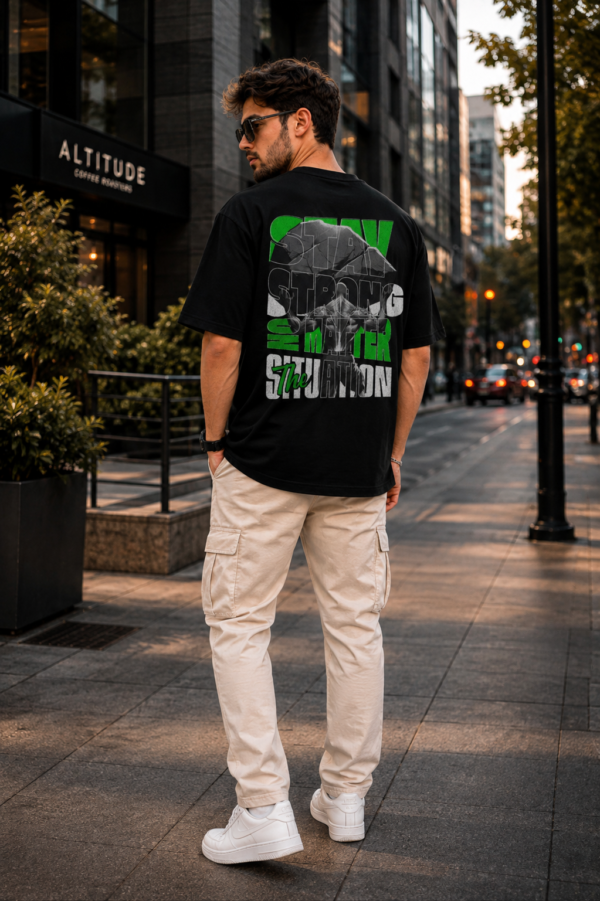 Stay Strong Oversized T-Shirt for Men | Motivational Typography Graphic Tee | Minimal Streetwear Casual Black Oversized Cotton Tshirt