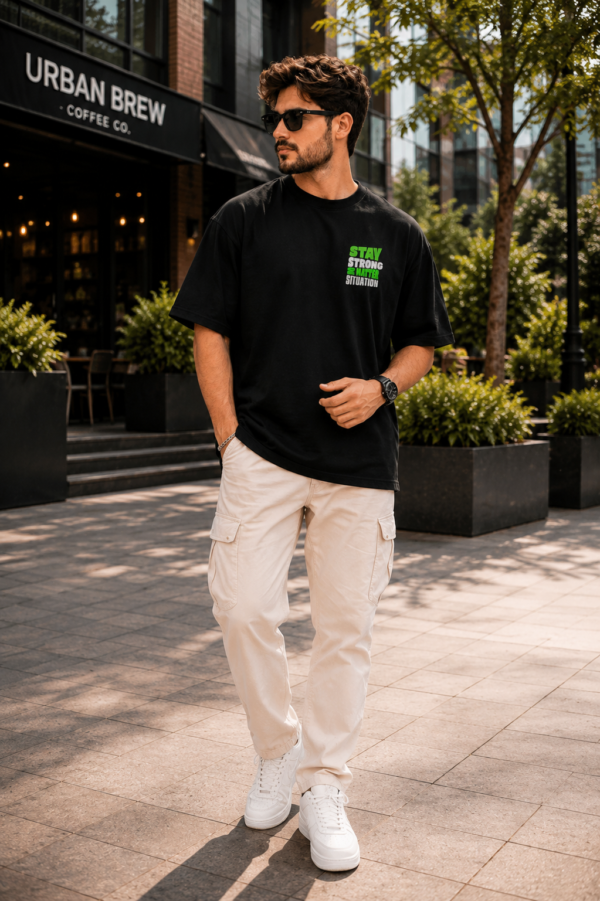 Stay Strong Oversized T-Shirt for Men | Motivational Typography Graphic Tee | Minimal Streetwear Casual Black Oversized Cotton Tshirt