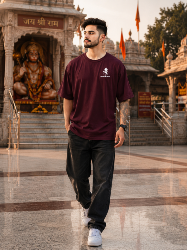 ChatGPT Image Aug 1, 2026, 10_41_13 AM Mahabali Men’s Maroon Oversized T-Shirt – Sankatmochan Hanuman DTF Print | Loopknit Cotton 240 GSM