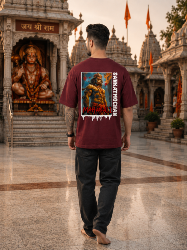 ChatGPT Image Aug 1, 2026, 10_43_24 AM Mahabali Men’s Maroon Oversized T-Shirt – Sankatmochan Hanuman DTF Print | Loopknit Cotton 240 GSM