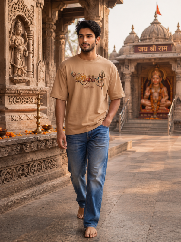 Mahakal Divine Graphic Oversized Beige T-Shirt for Men & Women | Spiritual Lord Shiva Back Print | Premium 240 GSM Loopknit Cotton | Unisex Streetwear Devotional Design | Front Sanskrit Typography & Detailed Back Artwork