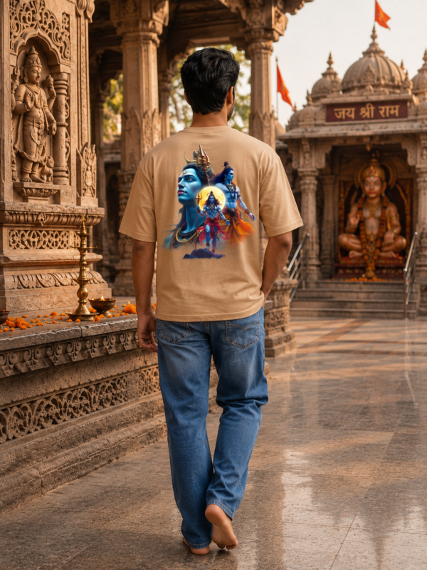 Mahakal Divine Graphic Oversized Beige T-Shirt for Men & Women | Spiritual Lord Shiva Back Print | Premium 240 GSM Loopknit Cotton | Unisex Streetwear Devotional Design | Front Sanskrit Typography & Detailed Back Artwork