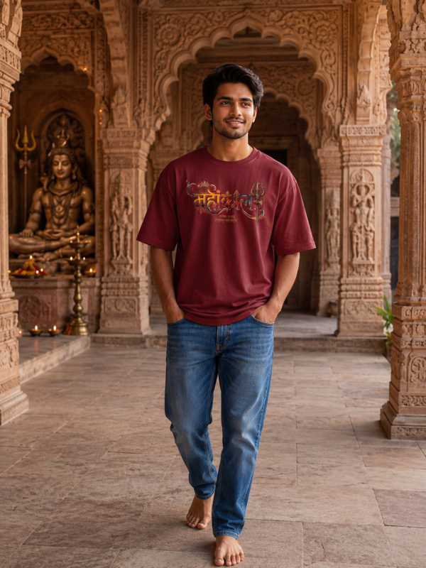 Mahakal Divine Graphic Oversized Maroon T-Shirt for Men & Women | Spiritual Lord Shiva Back Print | Premium 240 GSM Loopknit Cotton | Unisex Streetwear Devotional Design | Front Sanskrit Typography & Detailed Back Artwork