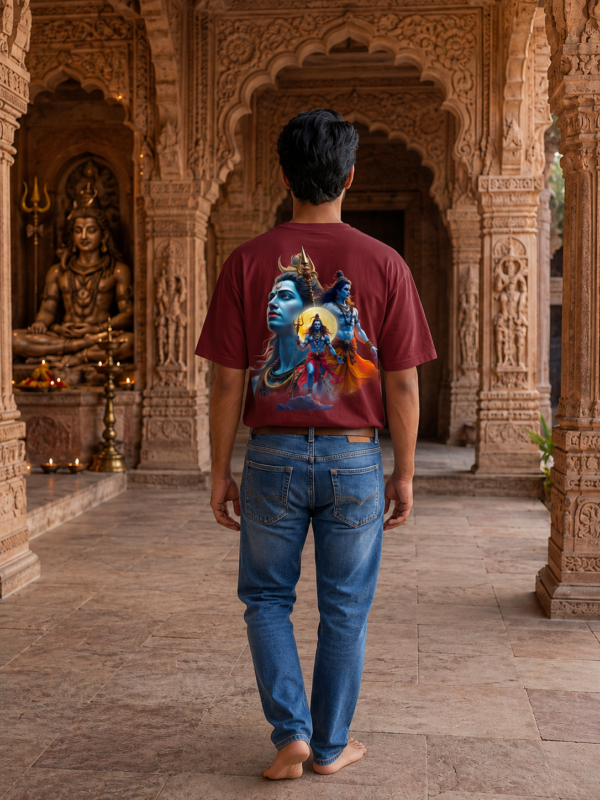 Mahakal Divine Graphic Oversized Maroon T-Shirt for Men & Women | Spiritual Lord Shiva Back Print | Premium 240 GSM Loopknit Cotton | Unisex Streetwear Devotional Design | Front Sanskrit Typography & Detailed Back Artwork