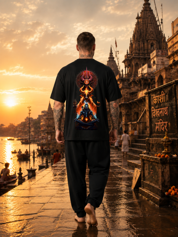 Mahakal Oversized T-Shirt for Men | Lord Shiva Trishul Back Print Black Tee | Loopknit 240 GSM Premium Cotton