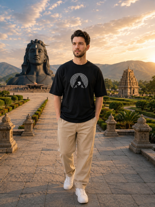 Men's Black Oversized T-Shirt with Shiv Shakti Graphic Print | Loopknit 240 GSM | Mahadev Parvati Devotional Oversized Tee | Spiritual Back Print T-Shirt for Temple, Festivals & Everyday Wear