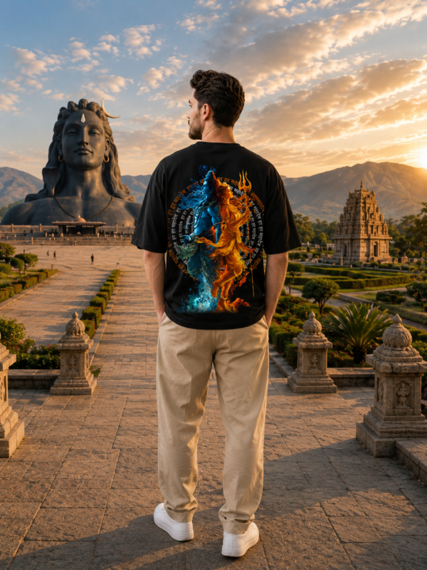 Men's Black Oversized T-Shirt with Shiv Shakti Graphic Print | Loopknit 240 GSM | Mahadev Parvati Devotional Oversized Tee | Spiritual Back Print T-Shirt for Temple, Festivals & Everyday Wear