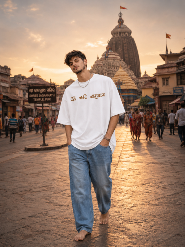 Men's White Oversized T-Shirt with Narayan Graphic Print | Loopknit 240 GSM | Spiritual Devotional Oversized Tee | Om Namo Narayanaya | Premium Graphic T-Shirt for Temple, Festivals & Everyday Wear