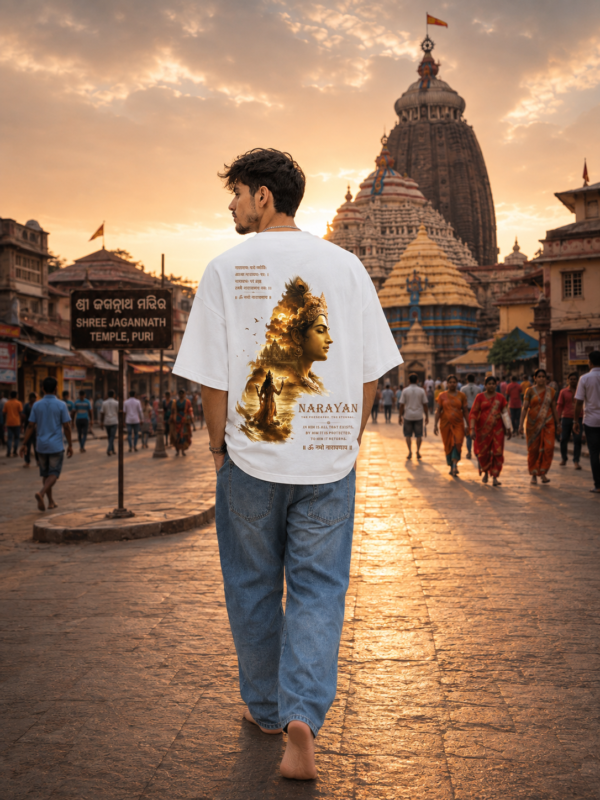 Men's White Oversized T-Shirt with Narayan Graphic Print | Loopknit 240 GSM | Spiritual Devotional Oversized Tee | Om Namo Narayanaya | Premium Graphic T-Shirt for Temple, Festivals & Everyday Wear