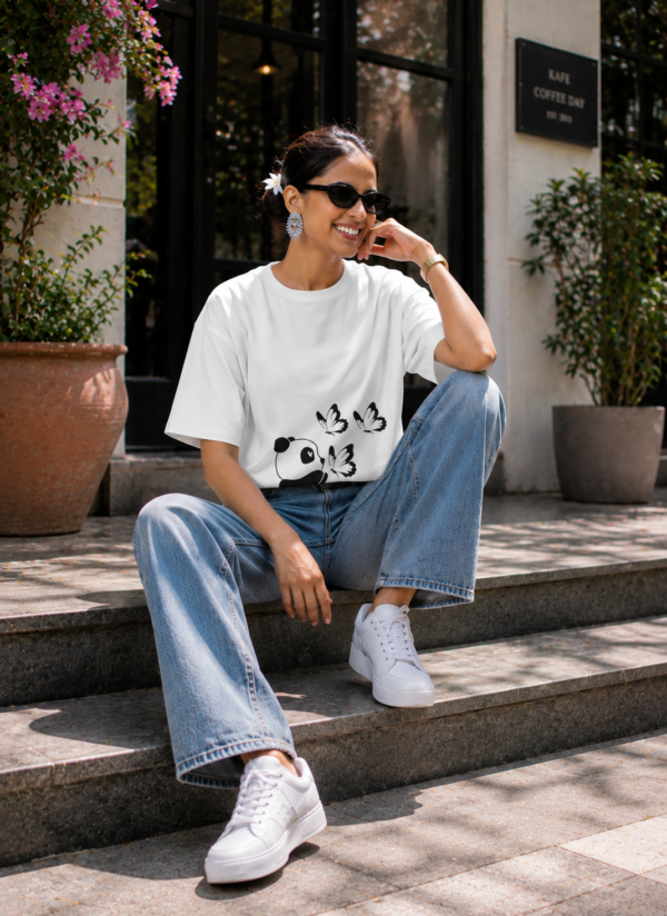 Cute Baby Panda Butterfly Graphic Printed White Oversized T-Shirt for Women & Girls | Minimal Aesthetic Cartoon Design | Round Neck Oversized T-Shirt GiftSpeaks
