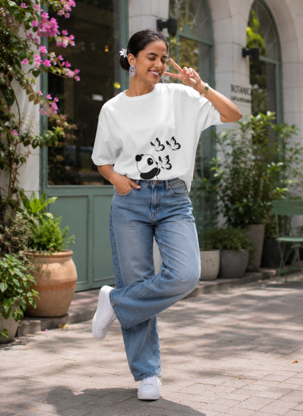 Cute Baby Panda Butterfly Graphic Printed White Oversized T-Shirt for Women & Girls | Minimal Aesthetic Cartoon Design | Round Neck Oversized T-Shirt GiftSpeaks