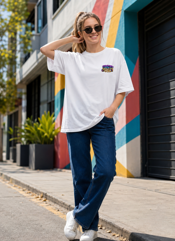 Just Money Womens Oversized T-Shirt | Bold Bear Graphic Back Print | White