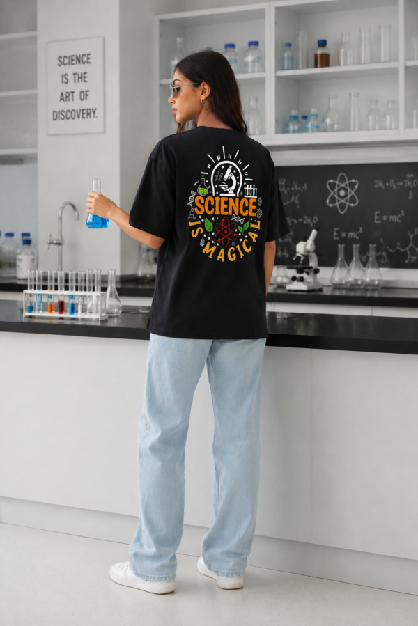 ChatGPT Image Aug 13, 2026, 02_33_43 PM Black Science Graphic Printed Women’s Oversized T-Shirt | “Science Is Magic” Artistic Back Print | Loopknit Fabric 240 GSM | Premium Streetwear Tee – GiftSpeaks