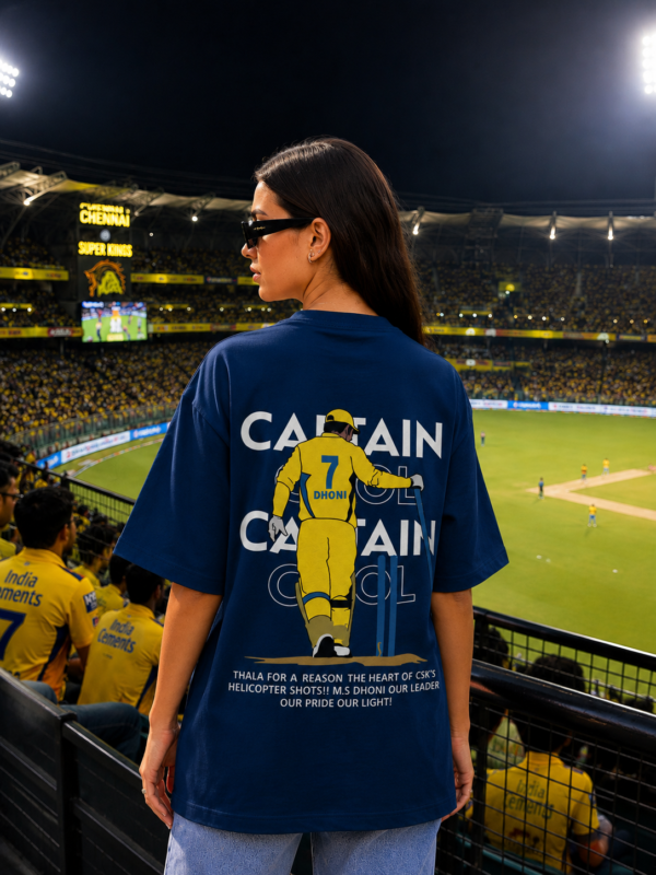 Captain Cool Graphic T-Shirt for Women | M.S. Dhoni Inspired Back Print Oversized T-Shirt | Navy Blue Streetwear Cricket Fan Tee | Premium Cotton by giftspeaks