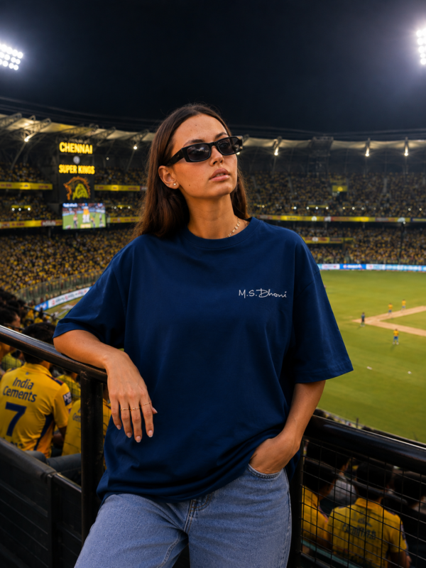 Captain Cool Graphic T-Shirt for Women | M.S. Dhoni Inspired Back Print Oversized T-Shirt | Navy Blue Streetwear Cricket Fan Tee | Premium Cotton by giftspeaks