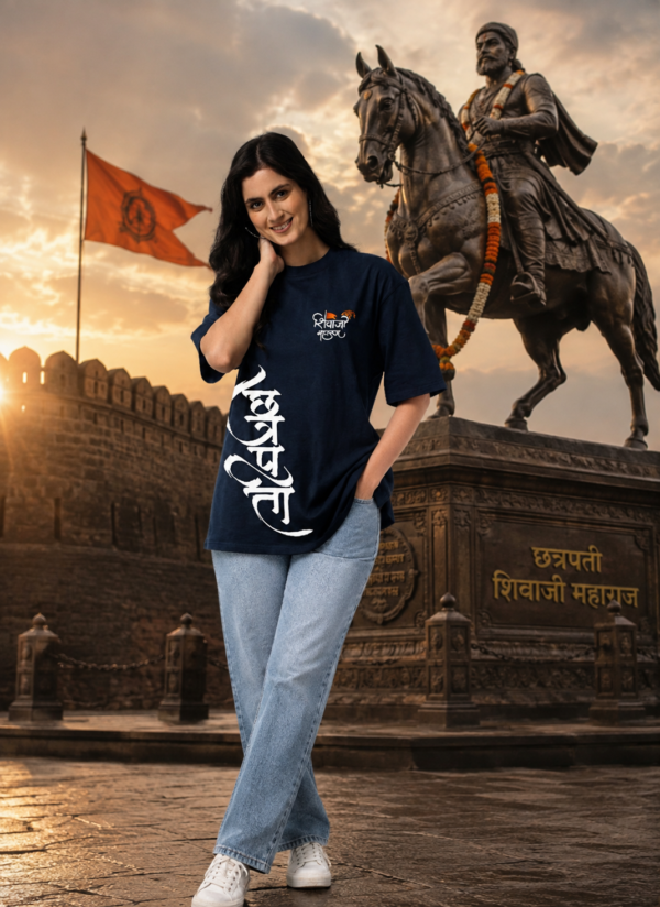 ChatGPT Image Aug 13, 2026, 03_08_32 PM Shivaji Maharaj Oversized T-Shirt Women Navy Blue Marathi Typography Print | Loopknit 240 GSM Premium Streetwear