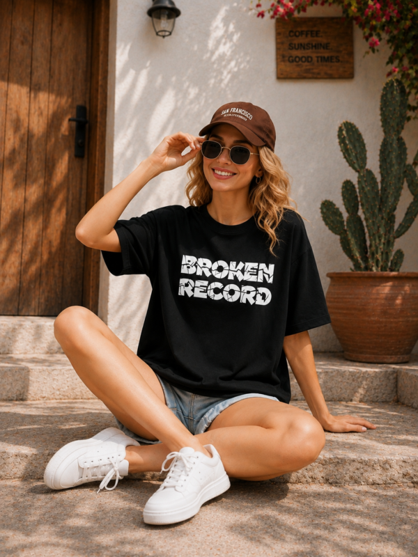 Women Black Oversized Broken Record Graphic T-Shirt | Urban Streetwear Back Print Tee