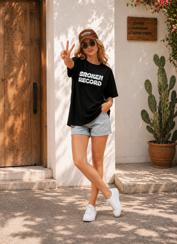 Women Black Oversized Broken Record Graphic T-Shirt | Urban Streetwear Back Print Tee