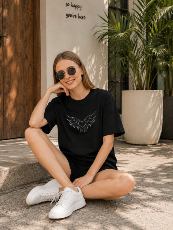 Women Black Oversized Butterfly Graphic T-Shirt with Gothic Heart Front Design