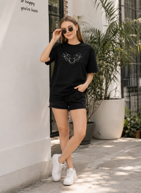 Women Black Oversized Butterfly Graphic T-Shirt with Gothic Heart Front Design