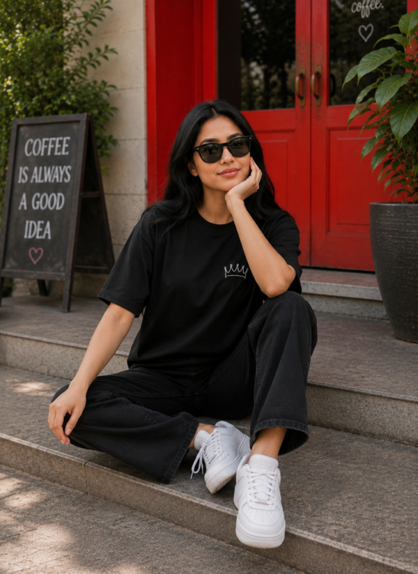 Women Black Oversized Graphic T-Shirt with Crown & Tech Art Back Print
