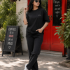 Women Black Oversized Graphic T-Shirt with Crown & Tech Art Back Print