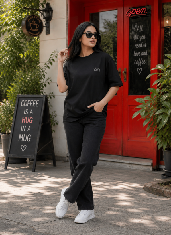 Women Black Oversized Graphic T-Shirt with Crown & Tech Art Back Print