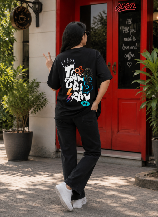 Women Black Oversized Graphic T-Shirt with Crown & Tech Art Back Print