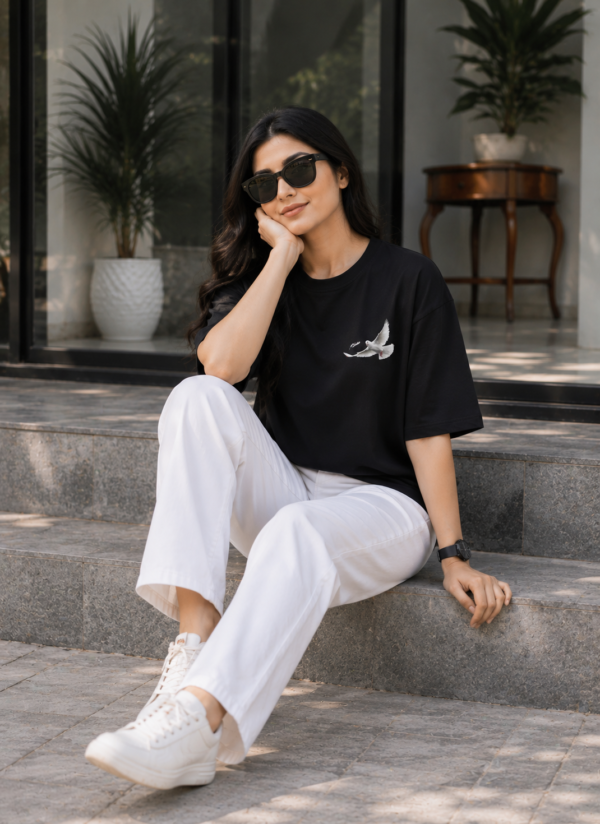 ChatGPT Image Aug 13, 2026, 04_23_05 PM Women Black Oversized T-Shirt with Peace Dove Back Print | Loopknit 240 GSM | Aesthetic Graphic Streetwear Tee
