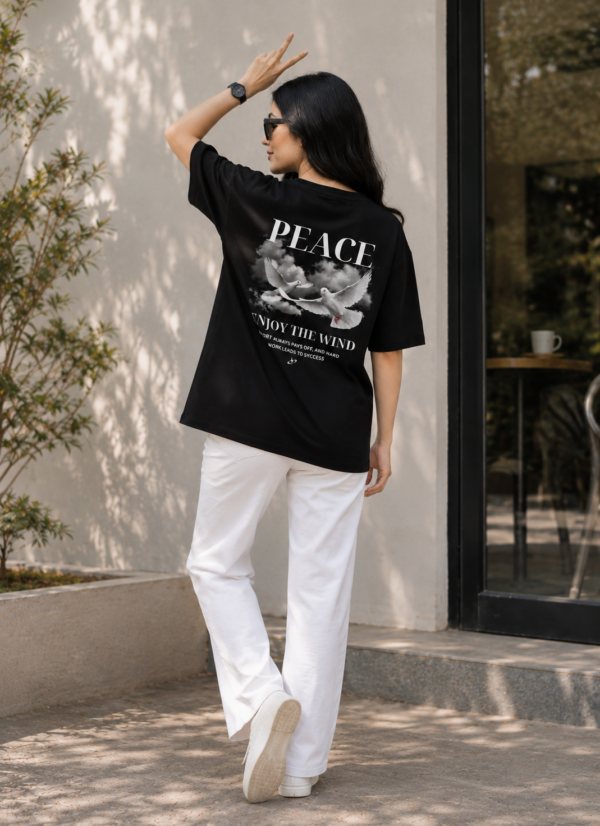 ChatGPT Image Aug 13, 2026, 04_23_09 PM Women Black Oversized T-Shirt with Peace Dove Back Print | Loopknit 240 GSM | Aesthetic Graphic Streetwear Tee