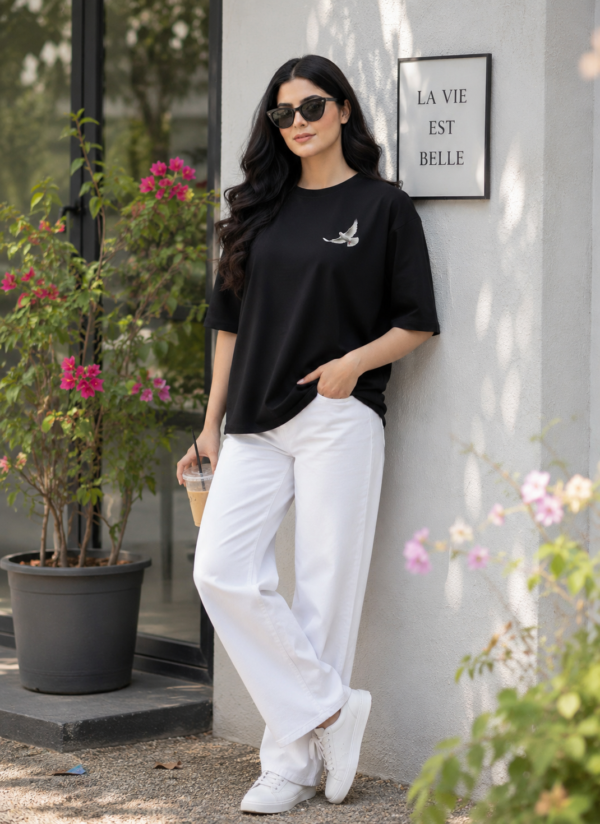 ChatGPT Image Aug 13, 2026, 04_23_16 PM Women Black Oversized T-Shirt with Peace Dove Back Print | Loopknit 240 GSM | Aesthetic Graphic Streetwear Tee
