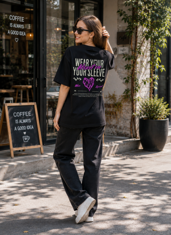 ChatGPT Image Aug 13, 2026, 05_52_06 PM Women Navy Blue Oversized Graphic T-Shirt | Wear Your Heart on Your Sleeve Print � Premium Loopknit Cotton 240 GSM Streetwear Tee