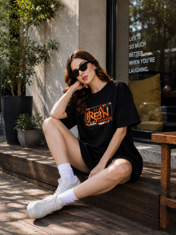 Women Oversized Black T-Shirt | Urban Experience Graphic Print | Premium Loopknit Cotton 240 GSM | Streetwear Style by Giftspeaks