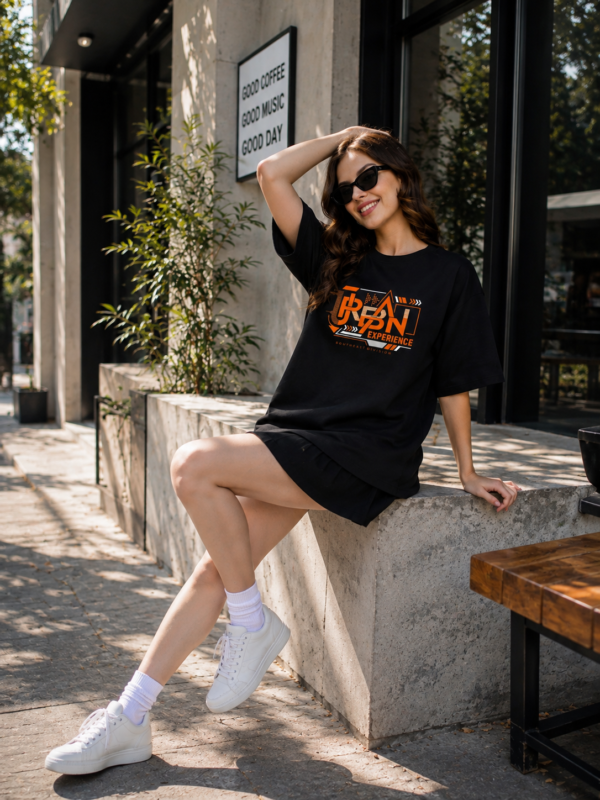 Women Oversized Black T-Shirt | Urban Experience Graphic Print | Premium Loopknit Cotton 240 GSM | Streetwear Style by Giftspeaks